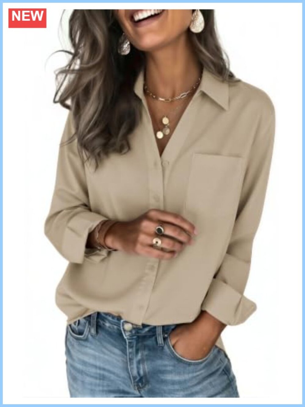 Zeagoo Women's Long Sleeve Button Down Shirt - Silky Stretch Blouse, V-Neck,